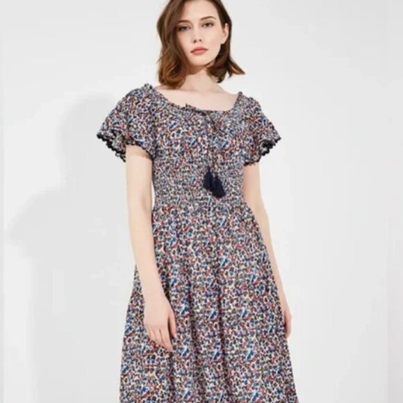 Tory Burch Wildflower Tiered Off Shoulder Smoked Navy Pipping Midi Dress S $498 - Picture 1 of 16